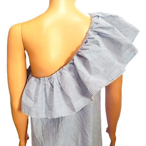 Abercrombie Pinstripe One Shoulder Ruffle Shift Dress MEDIUM - Picture 6 of 14